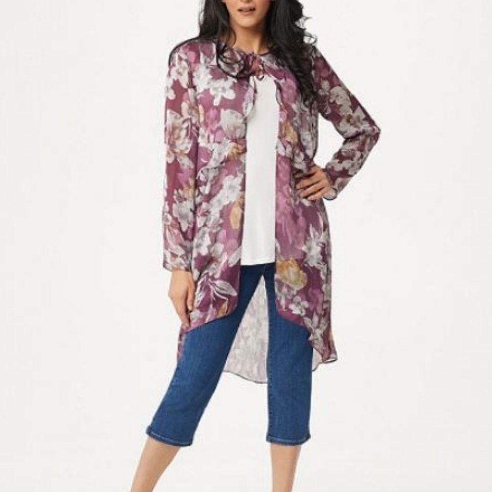 LOGO Printed Woven Duster with Tie Front - mauve